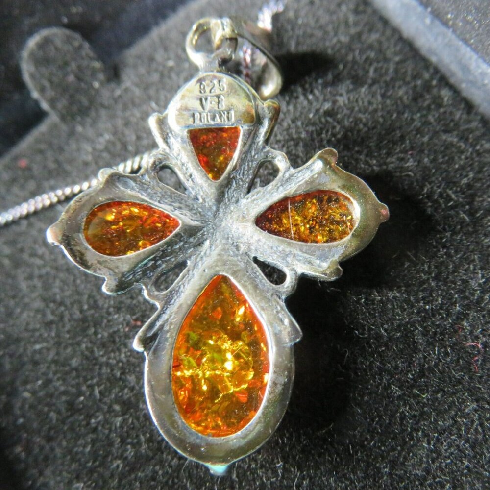 Sterling Silver and Amber Cross Pendant Necklace 925 Poland 17.5 in Chain - Picture 3 of 5